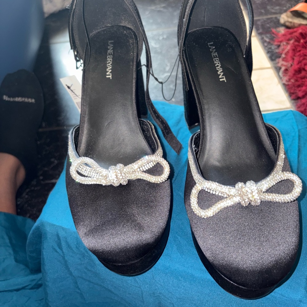 MIA Black Satin Heels with Crystal Bow Accent
